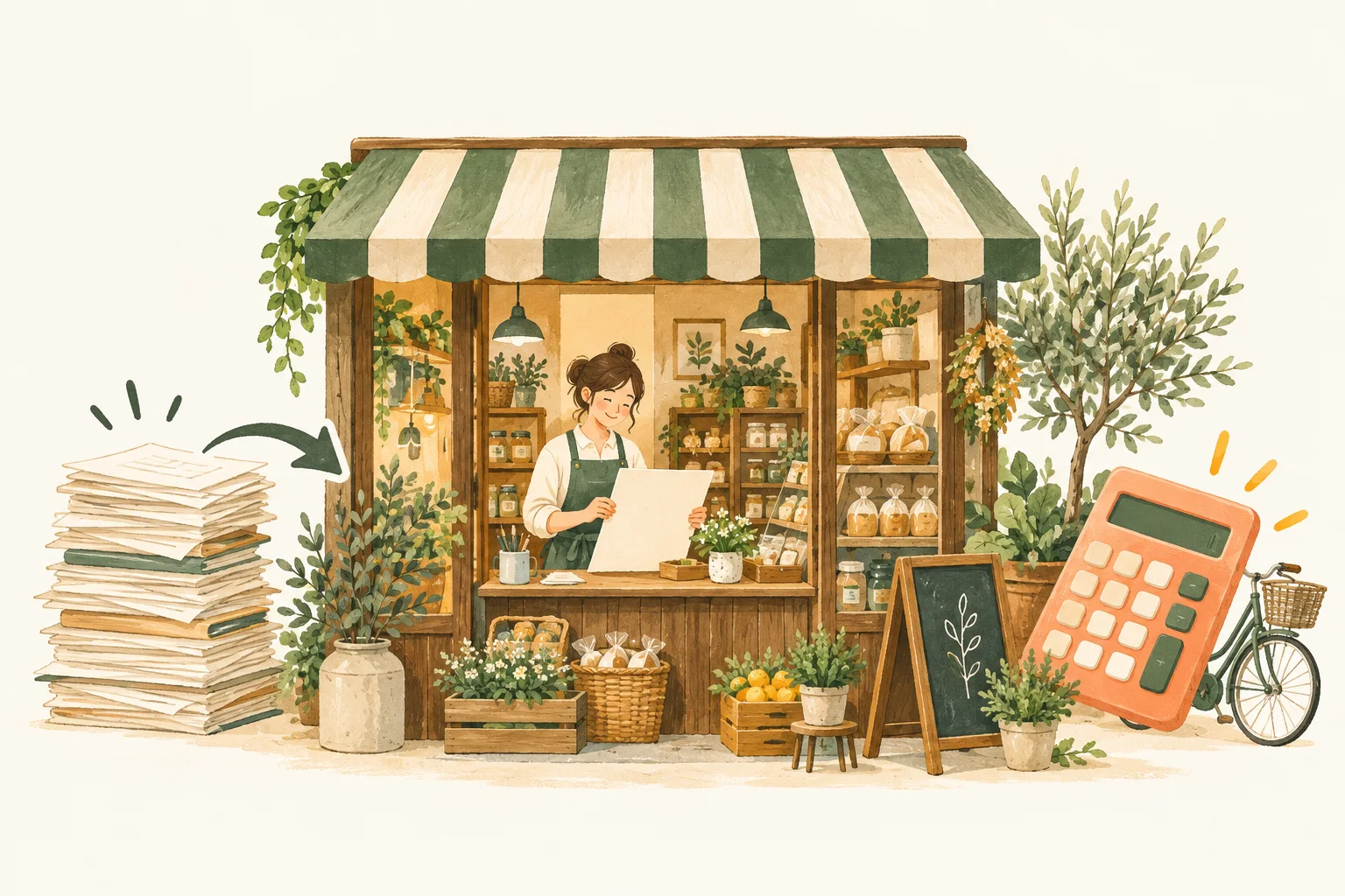 緑のひさしのお店で、お知らせを準備する店主のイラスト